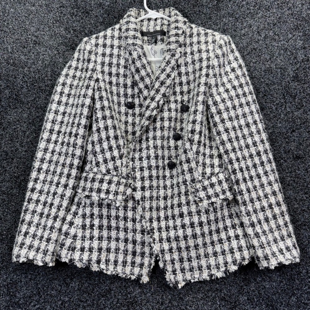 White House‎ Black Market Tweed Blazer Black White Plaid Double Breasted Size 4